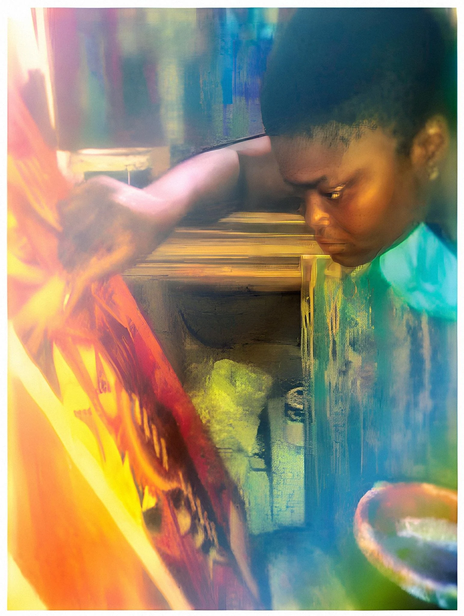 Esther Caesar at work on a colourful painting